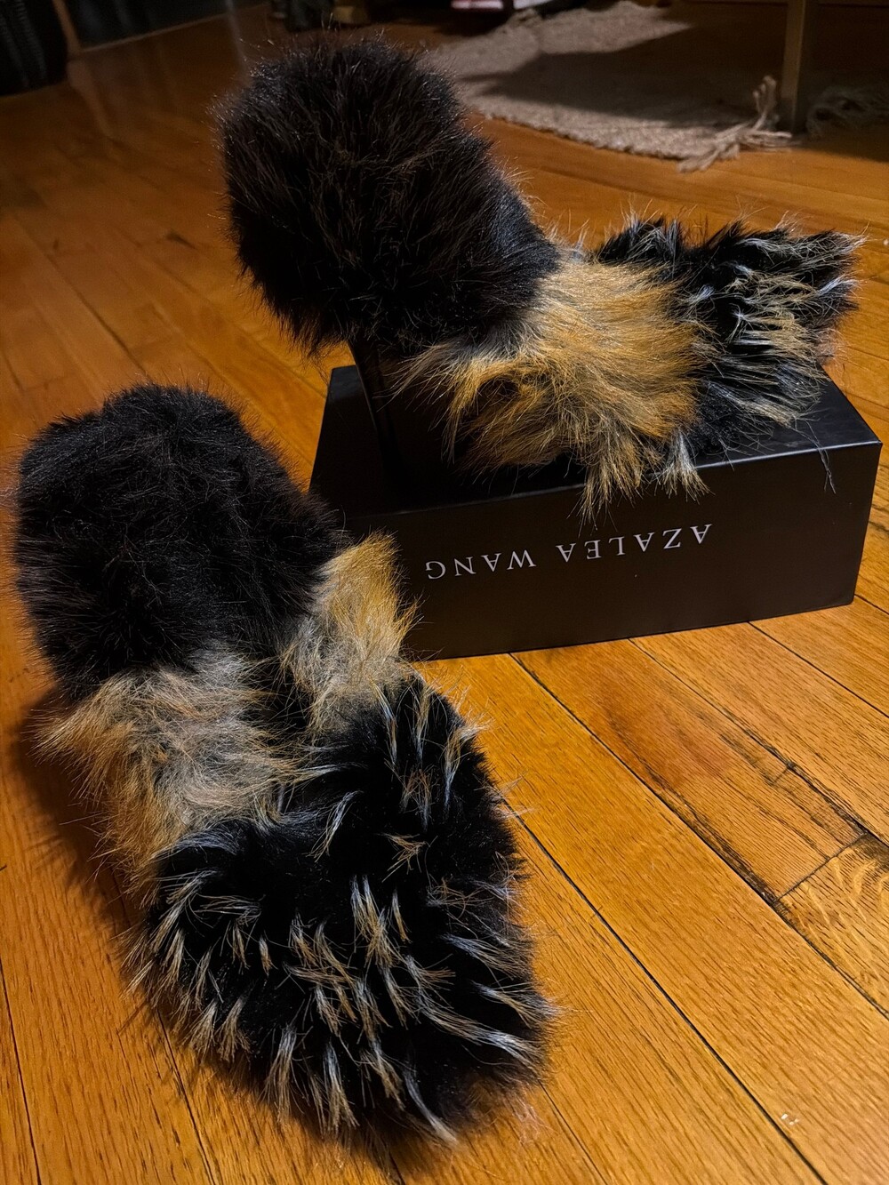 Azalea Wang Faux Fur Black and Brown Heels Stiletto Pointed Toe Shoes